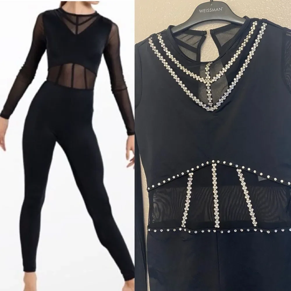 WEISSMAN Dance Costume black unitard jumpsuit romper Ending 14017 SA-Small adult